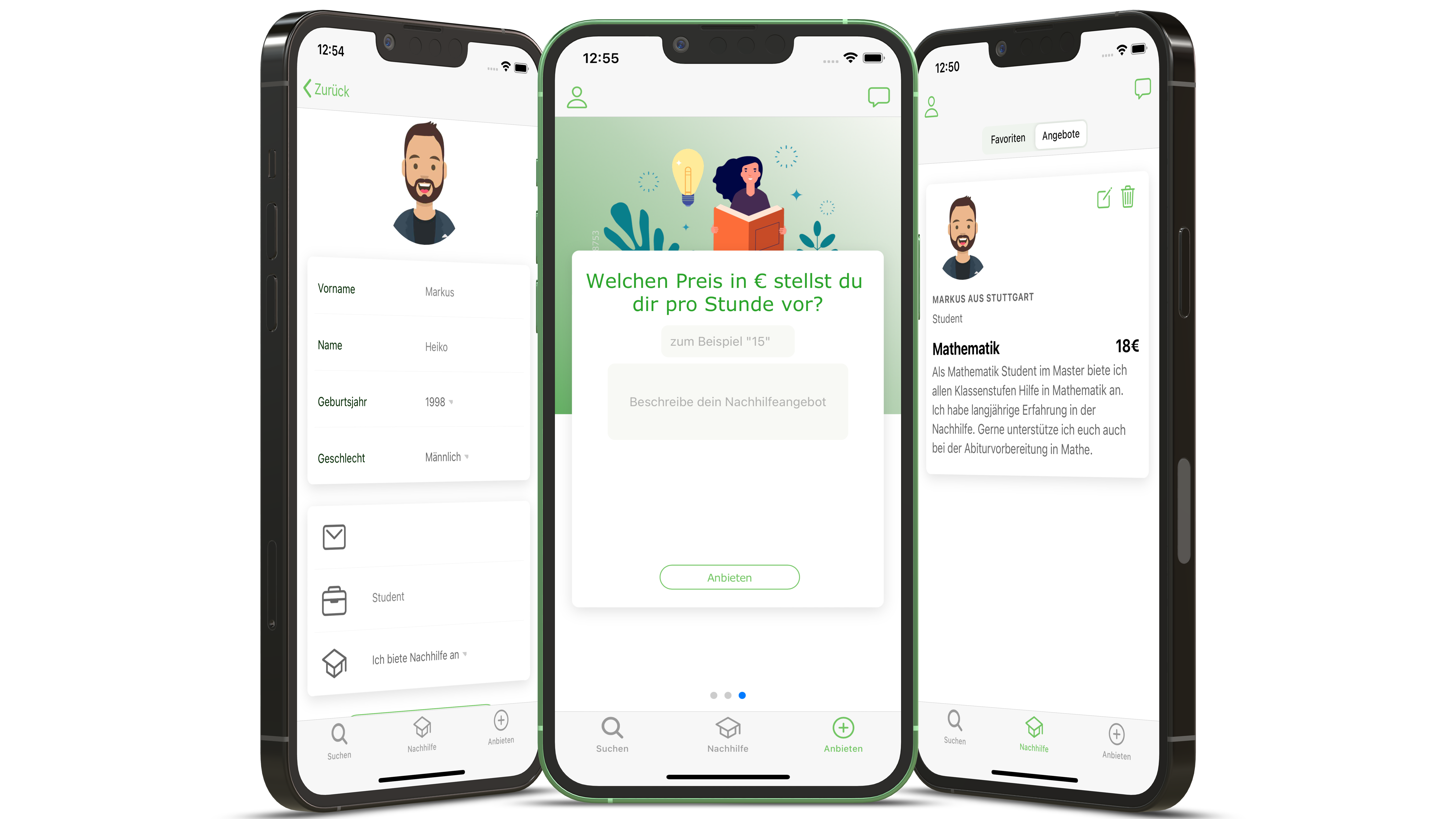 Drei iPhones zeigen verschiedene Seiten der Nachhilferadar App: Profilseite, Nachhilfe anbieten Seite und Meine Nachhilfe Angebote Seite