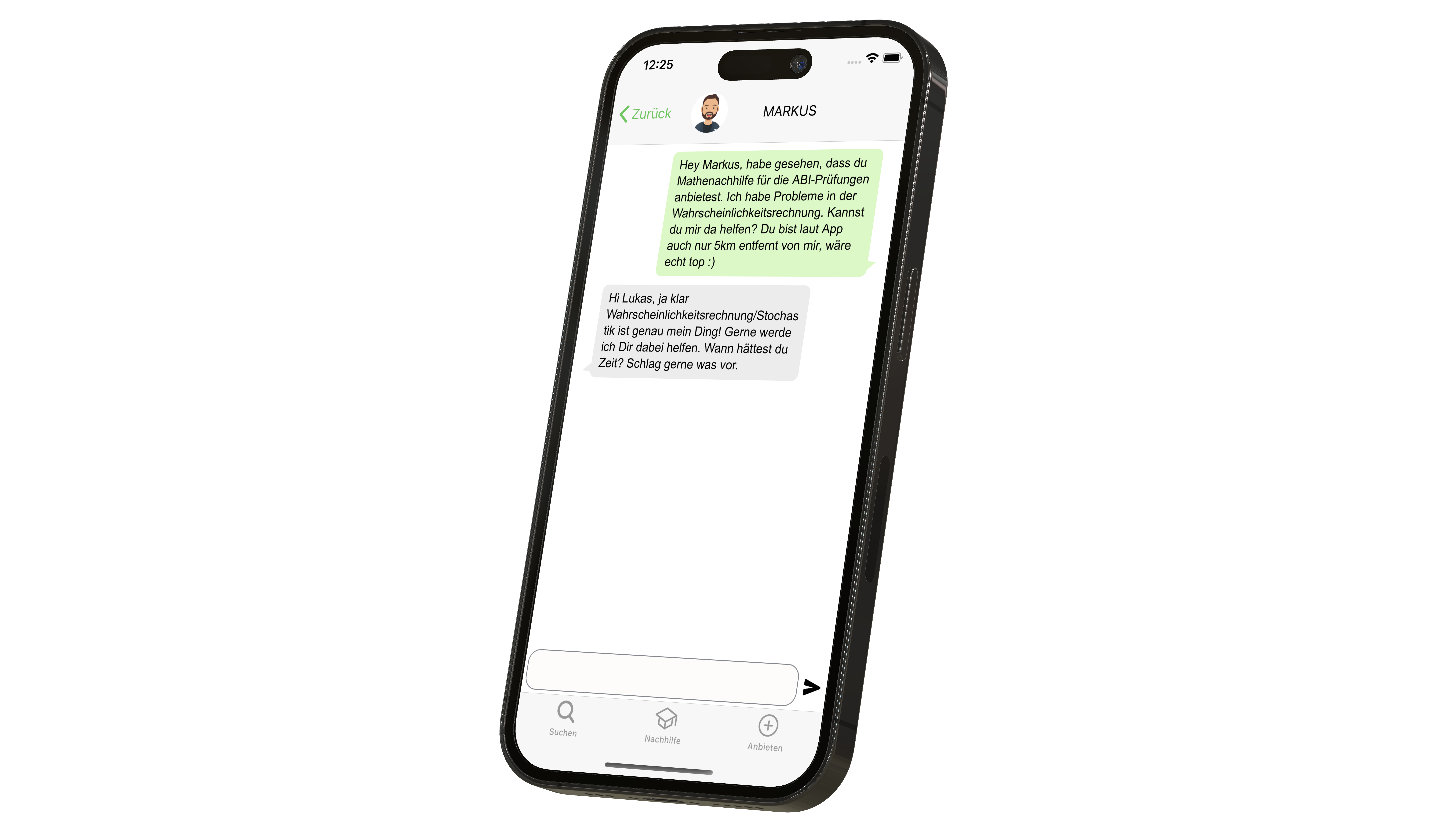 iPhone zeigt die Chat Seite der Nachhilferadar App