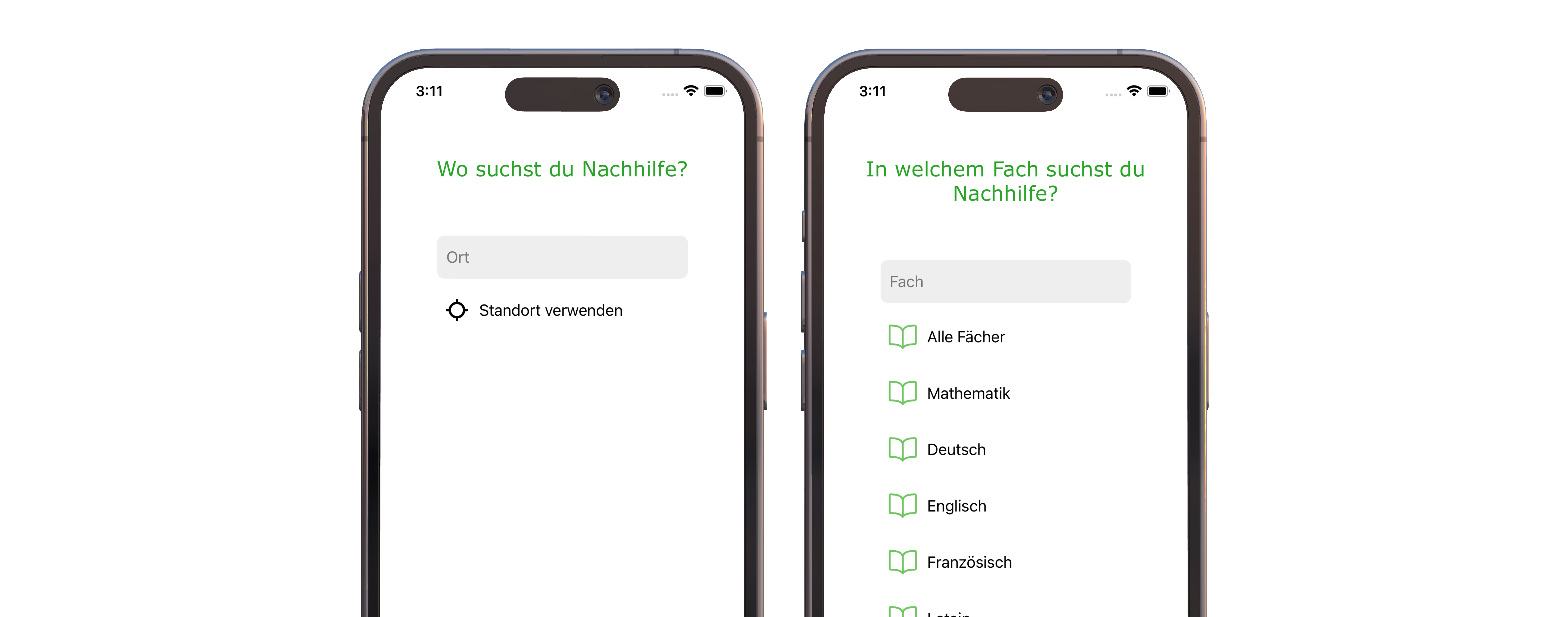 Zwei iPhones zeigen detailliert die Nachhilfe suchen Seite mit Fachauswahl in der Nachhilferadar App, einschließlich verschiedenen Fächern wie Mathe, Deutsch und Englisch